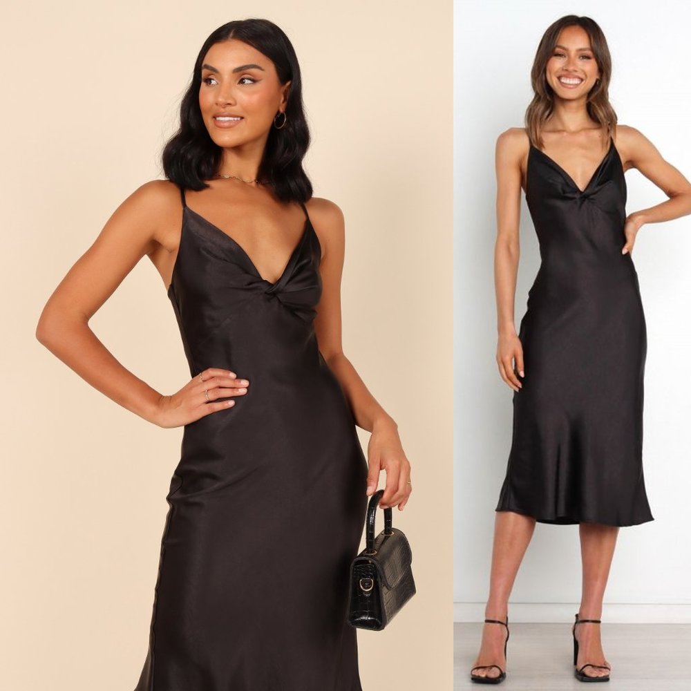 Petal & Pup Black Satin Midi Slip Dress